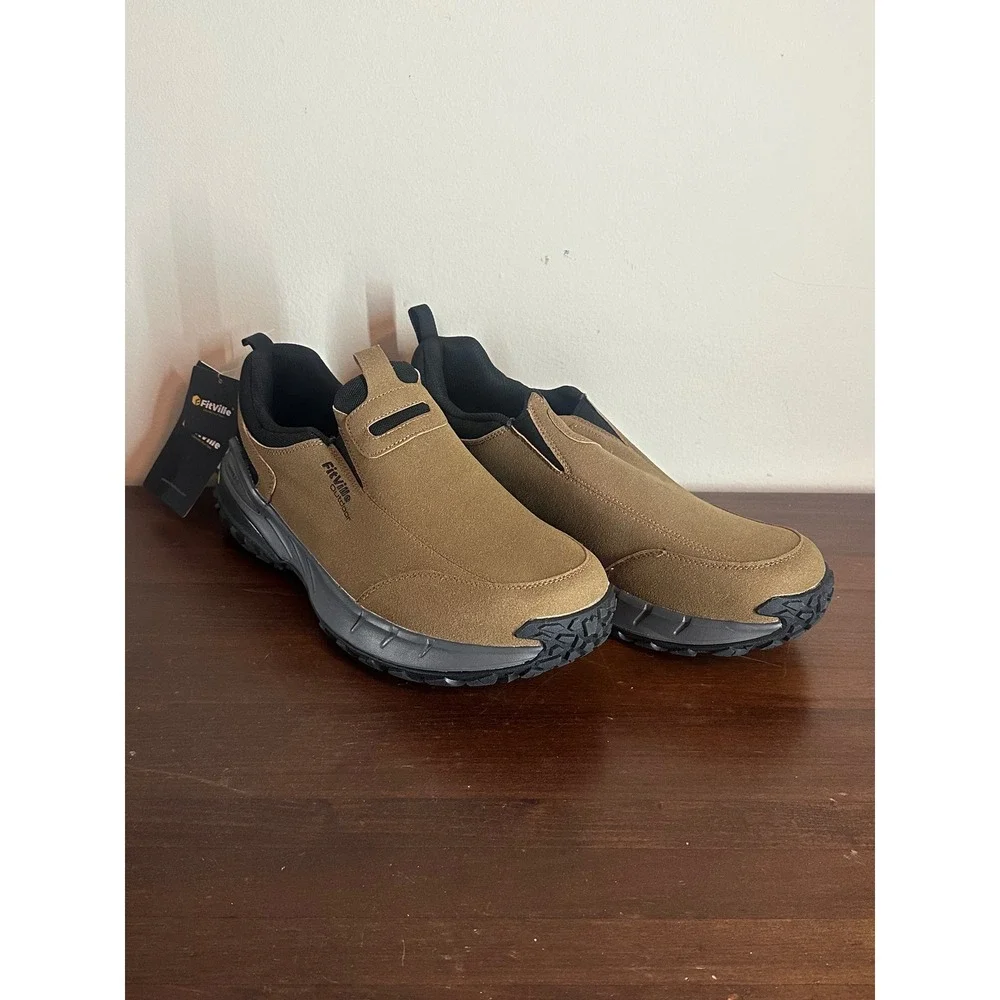 FitVille Outdoor Mens Slip On Shoes 15W Brown Wide Fit Walking Loafers JX-LSR230